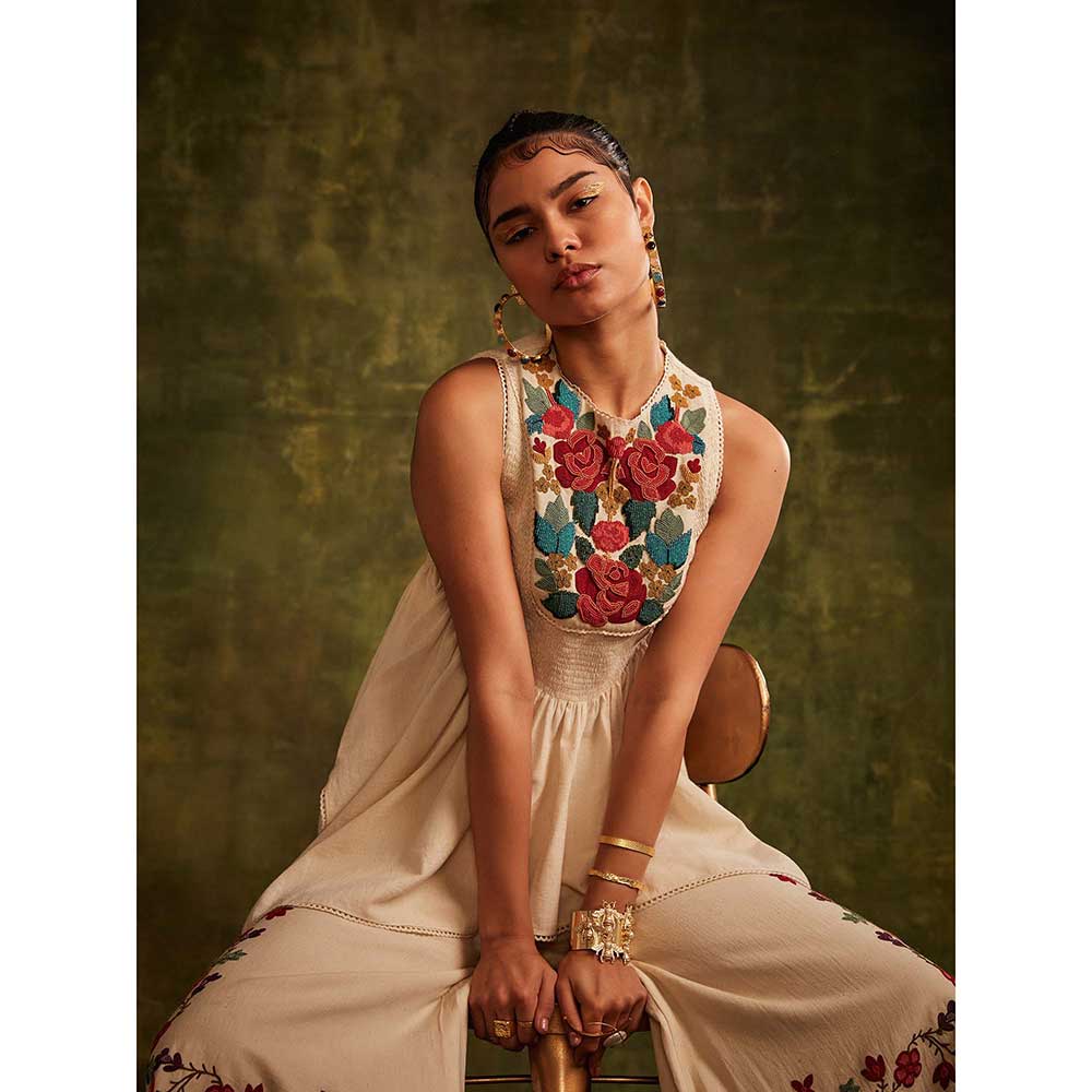 CHANDRIMA Ivory Smocked Top With Beadwork Yoke