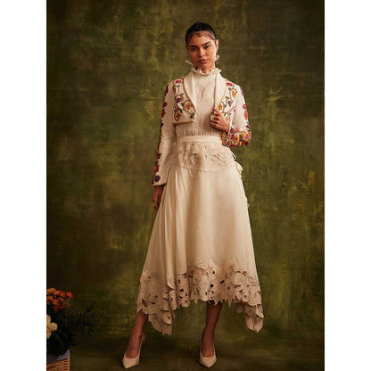 CHANDRIMA Ivory Cutwork Asymmetric Skirt