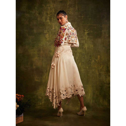CHANDRIMA Ivory Cutwork Asymmetric Skirt