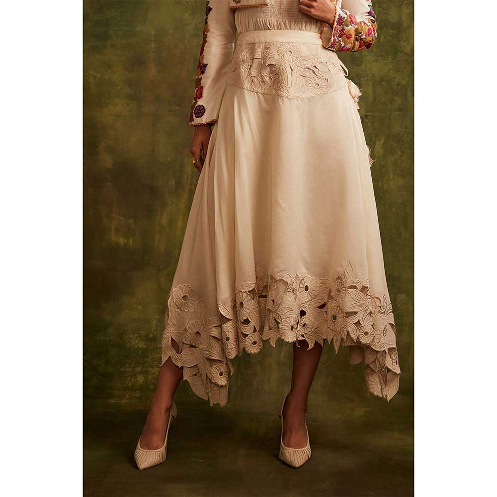 CHANDRIMA Ivory Cutwork Asymmetric Skirt