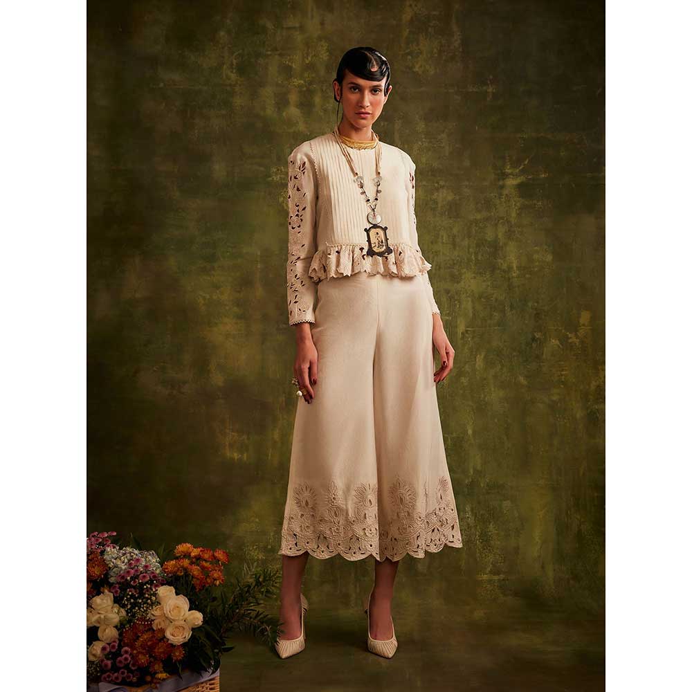 CHANDRIMA Ivory Yoke Pleated Peplum Top