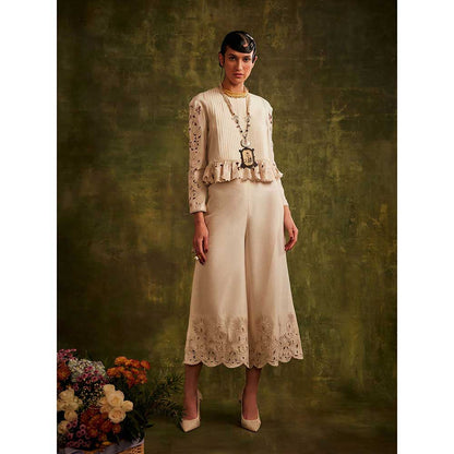 CHANDRIMA Ivory Yoke Pleated Peplum Top