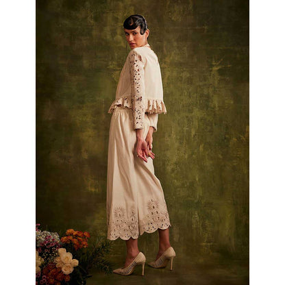 CHANDRIMA Ivory Yoke Pleated Peplum Top