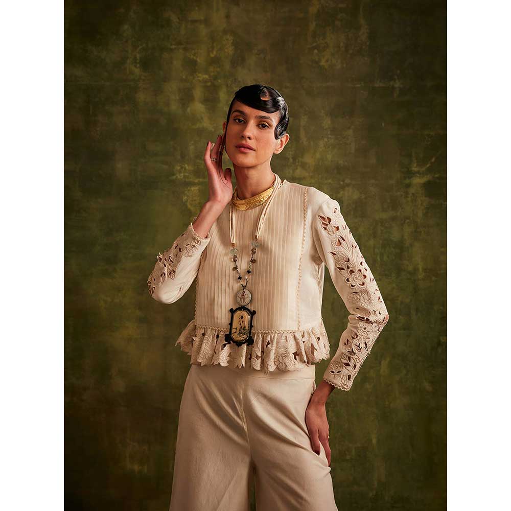 CHANDRIMA Ivory Yoke Pleated Peplum Top