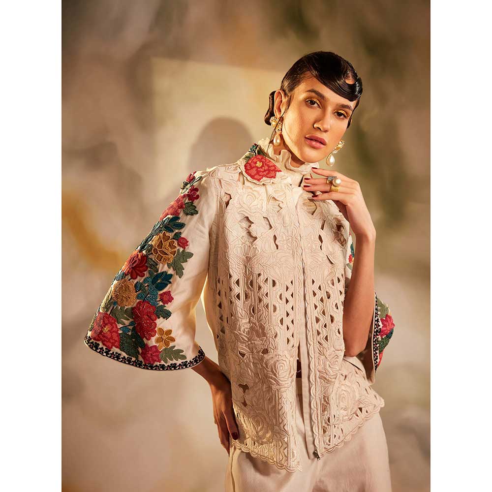 CHANDRIMA Ivory Cutwork And Beadwork Short Jacket