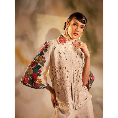 CHANDRIMA Ivory Cutwork And Beadwork Short Jacket