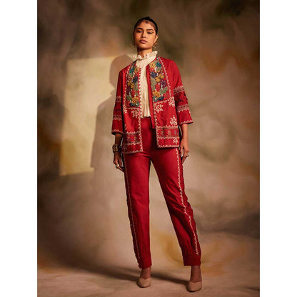 CHANDRIMA Red Yoke Detail Beadwork Jacket