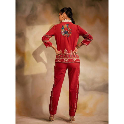 CHANDRIMA Red Yoke Detail Beadwork Jacket