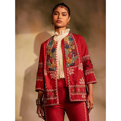 CHANDRIMA Red Yoke Detail Beadwork Jacket