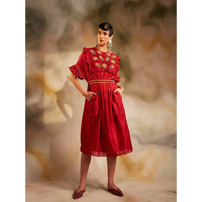 CHANDRIMA Red Smocked Yoke Ruffle Dress