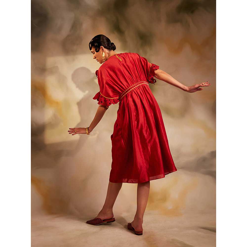 CHANDRIMA Red Smocked Yoke Ruffle Dress