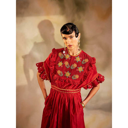 CHANDRIMA Red Smocked Yoke Ruffle Dress