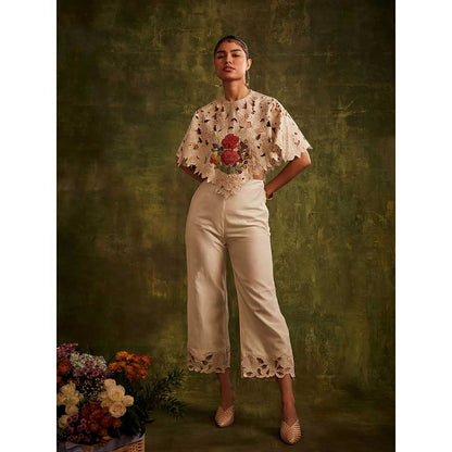 CHANDRIMA Ivory Cutwork And Beadwork Poncho