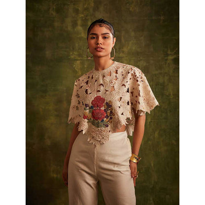 CHANDRIMA Ivory Cutwork And Beadwork Poncho