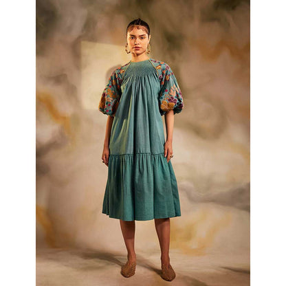 CHANDRIMA Aqua Smocked Gather Dress