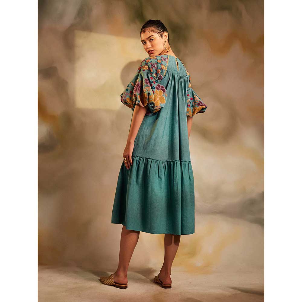 CHANDRIMA Aqua Smocked Gather Dress