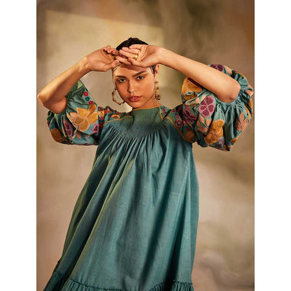 CHANDRIMA Aqua Smocked Gather Dress