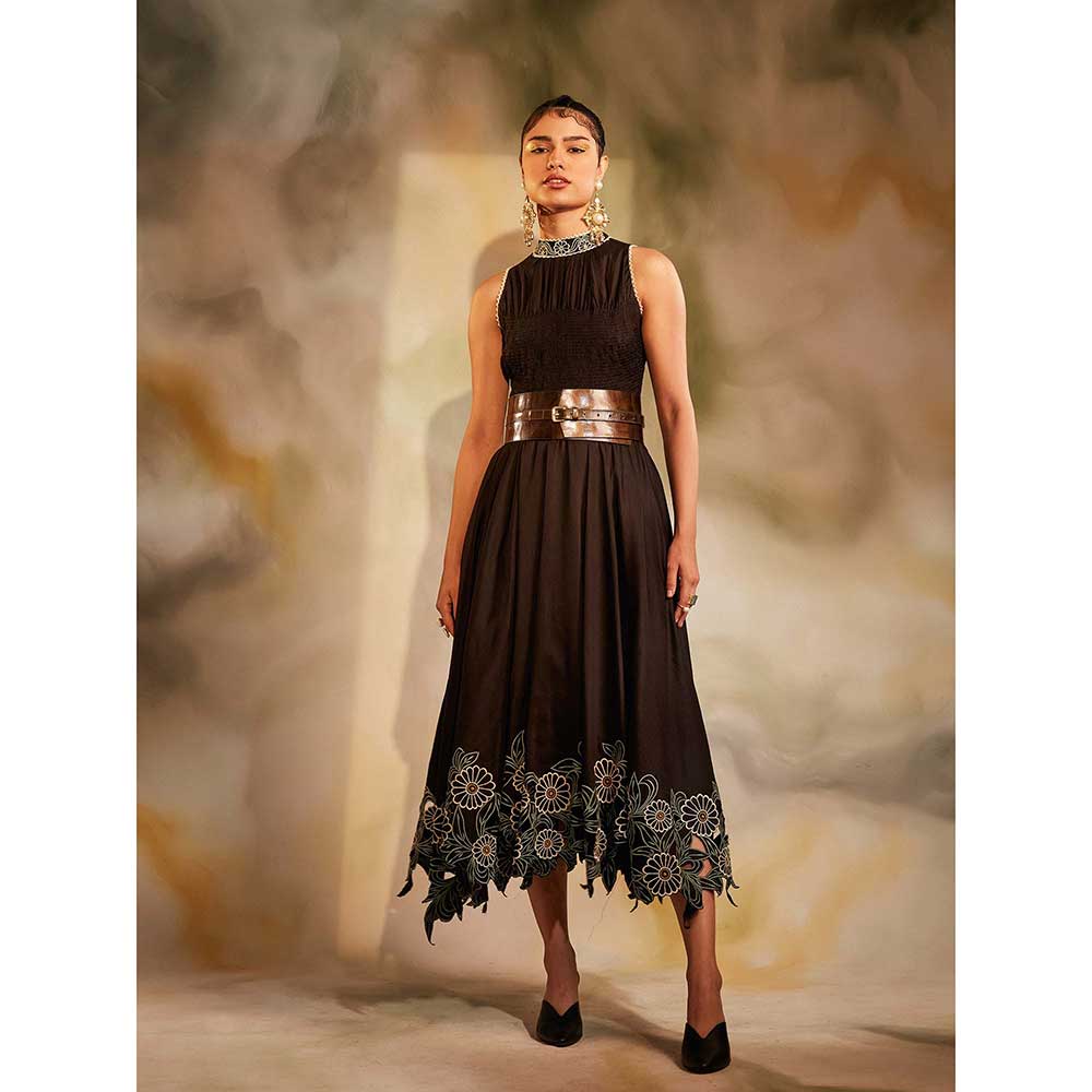 CHANDRIMA Black Smocked Daisies Cutwork Dress