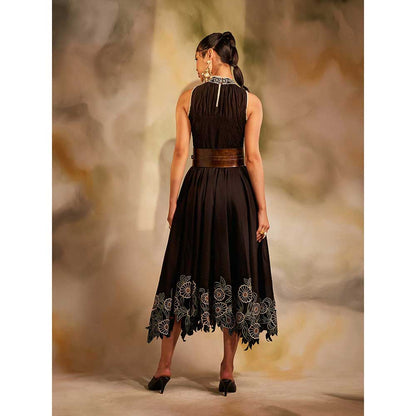 CHANDRIMA Black Smocked Daisies Cutwork Dress