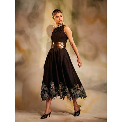 CHANDRIMA Black Smocked Daisies Cutwork Dress