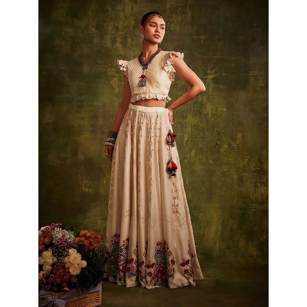 CHANDRIMA Ivory Pleated Ruffle Top