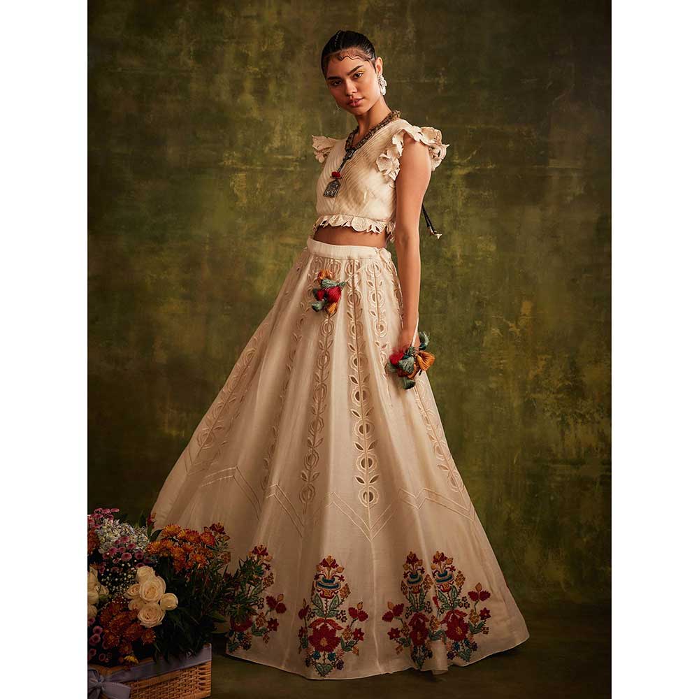 CHANDRIMA Ivory Pleated Ruffle Top