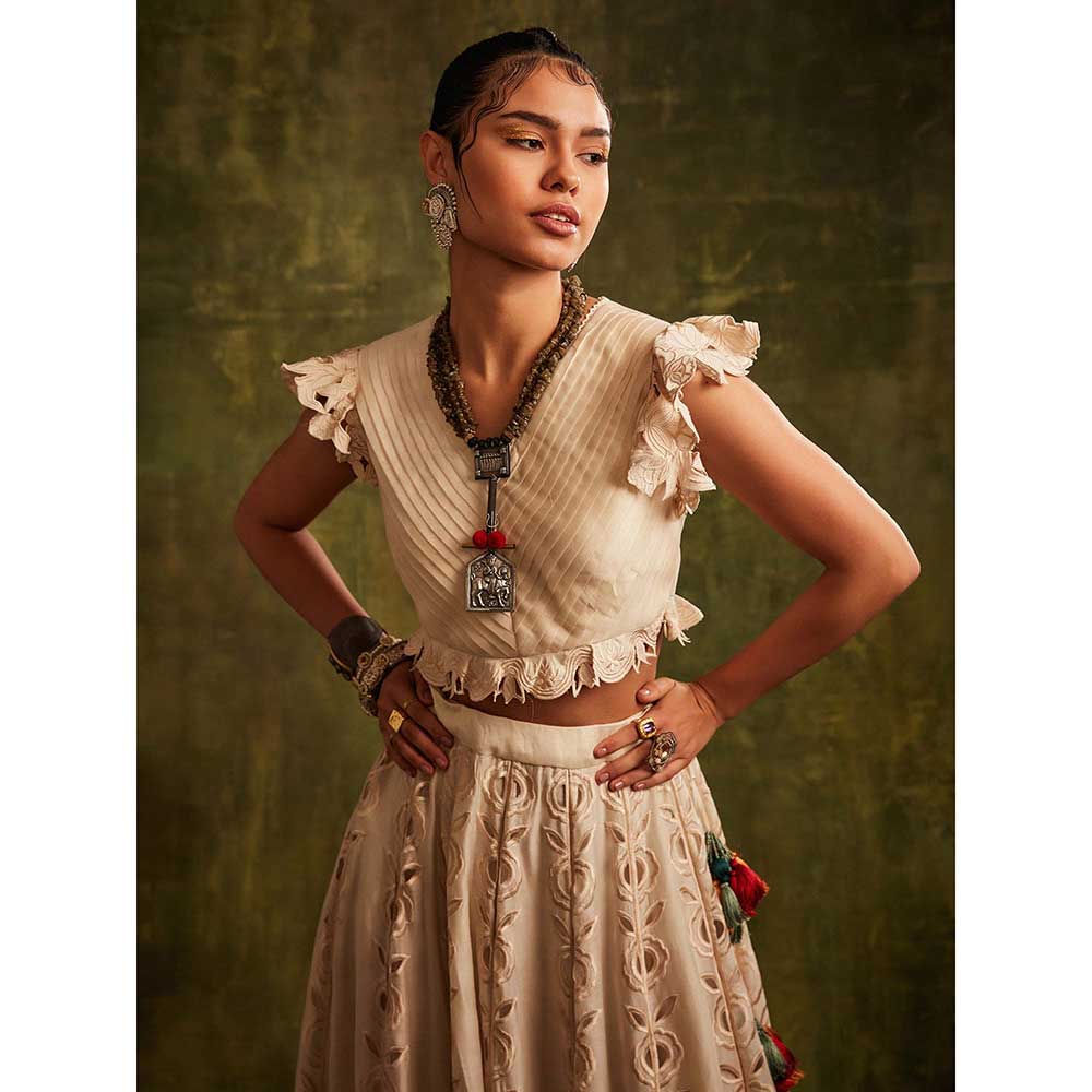 CHANDRIMA Ivory Pleated Ruffle Top