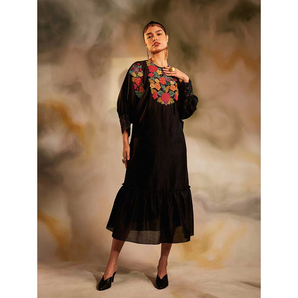 CHANDRIMA Black Beadwork Kimono Gathered Dress