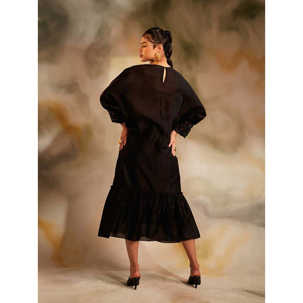 CHANDRIMA Black Beadwork Kimono Gathered Dress