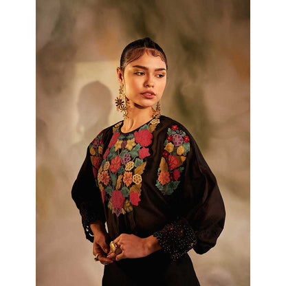 CHANDRIMA Black Beadwork Kimono Gathered Dress