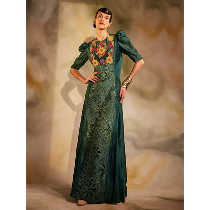 CHANDRIMA Emerald Green Cutwork Maxi Dress