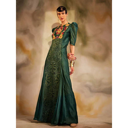 CHANDRIMA Emerald Green Cutwork Maxi Dress