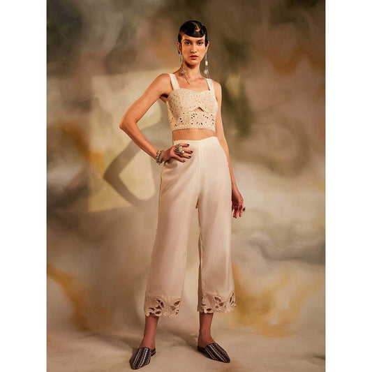 CHANDRIMA Ivory Cutwork Straight Pants