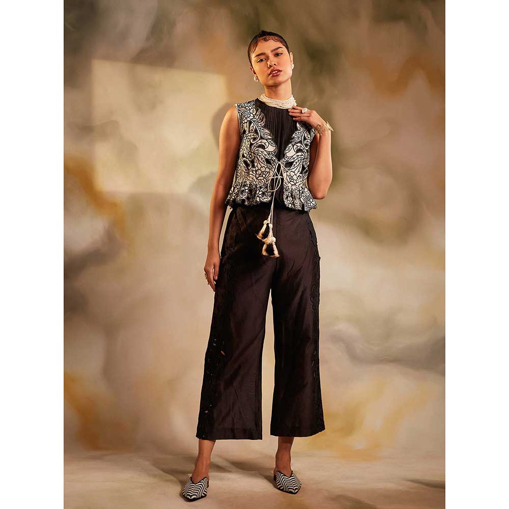 CHANDRIMA Ivory Black Contrast Cutwork Waistcoat