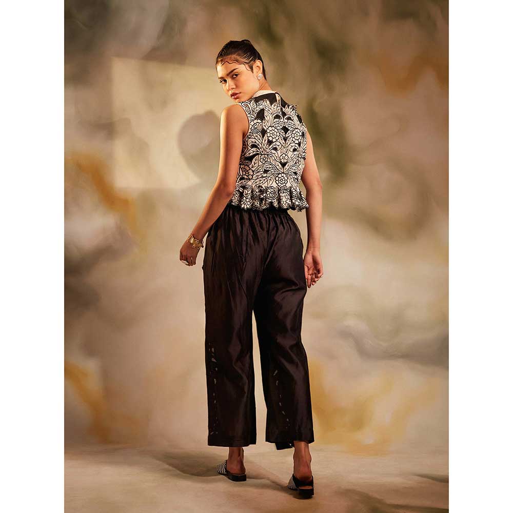 CHANDRIMA Ivory Black Contrast Cutwork Waistcoat