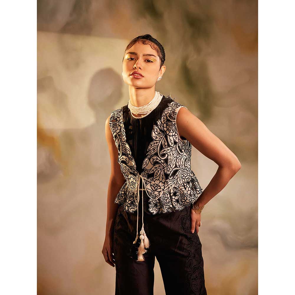 CHANDRIMA Ivory Black Contrast Cutwork Waistcoat