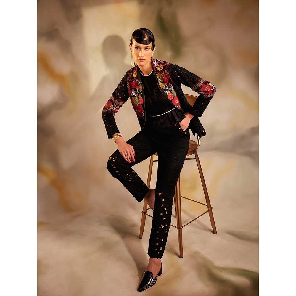 CHANDRIMA Black Cutwork And Beadwork Paneled Jacket