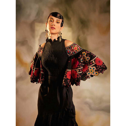 CHANDRIMA Black Cold Shoulder Bell Sleeves Top