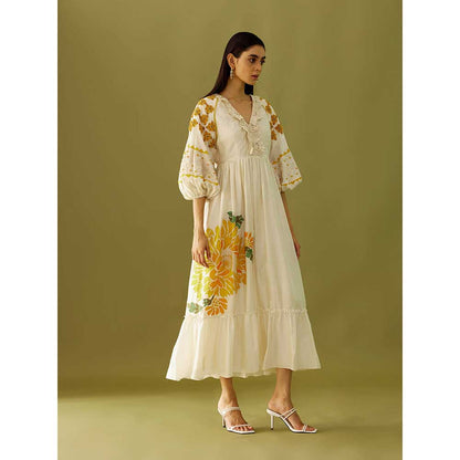 CHANDRIMA Ivory Applique Beadwork And Cutwork Midi Dress