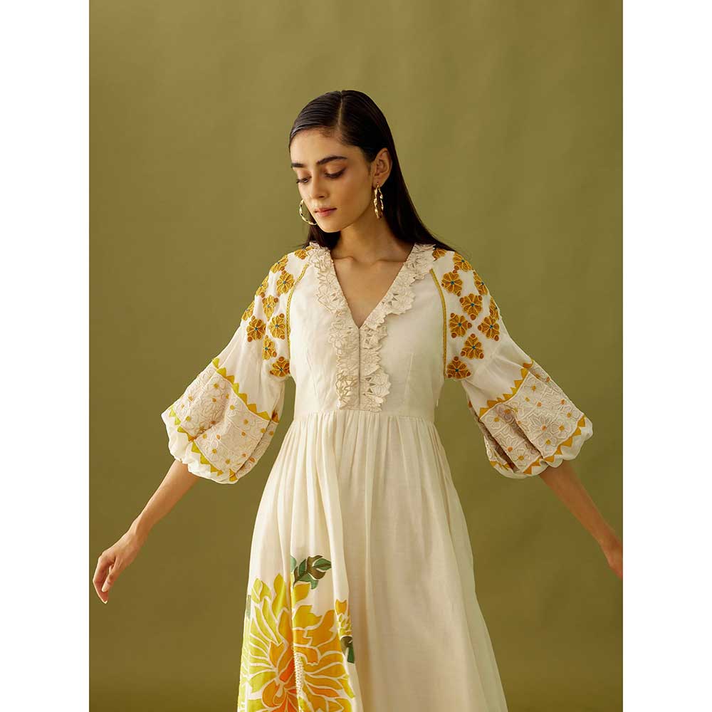 CHANDRIMA Ivory Applique Beadwork And Cutwork Midi Dress