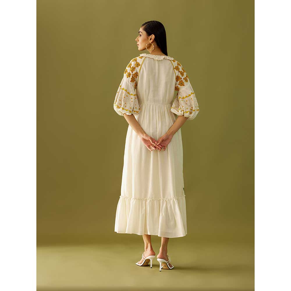 CHANDRIMA Ivory Applique Beadwork And Cutwork Midi Dress