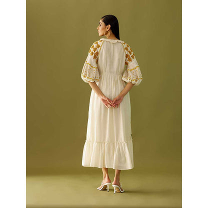 CHANDRIMA Ivory Applique Beadwork And Cutwork Midi Dress