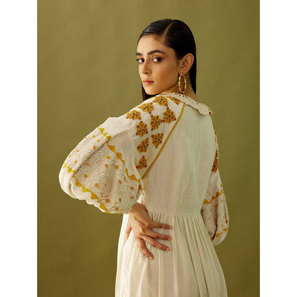 CHANDRIMA Ivory Applique Beadwork And Cutwork Midi Dress