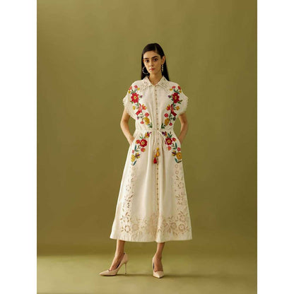 CHANDRIMA Ivory Applique Beadwork And Cutwork Shirt Dress