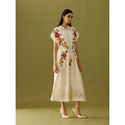 CHANDRIMA Ivory Applique Beadwork And Cutwork Shirt Dress