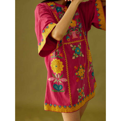 CHANDRIMA Fuchsia Applique Short Dress