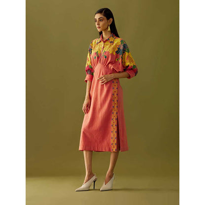 CHANDRIMA Old Rose Floral Applique Shirt Dress