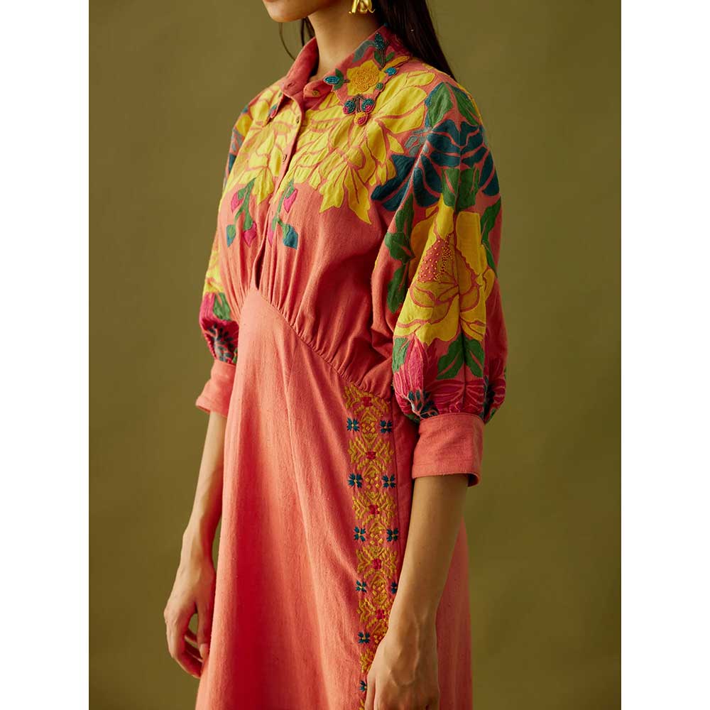 CHANDRIMA Old Rose Floral Applique Shirt Dress