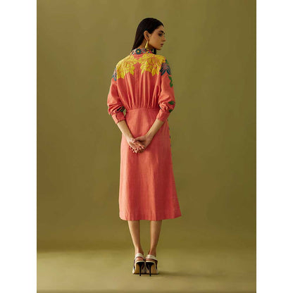 CHANDRIMA Old Rose Floral Applique Shirt Dress