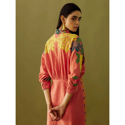 CHANDRIMA Old Rose Floral Applique Shirt Dress